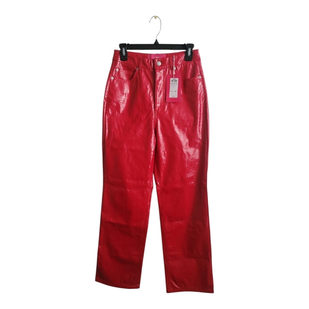 Glossy Red Straight Leg Faux Leather Pants
